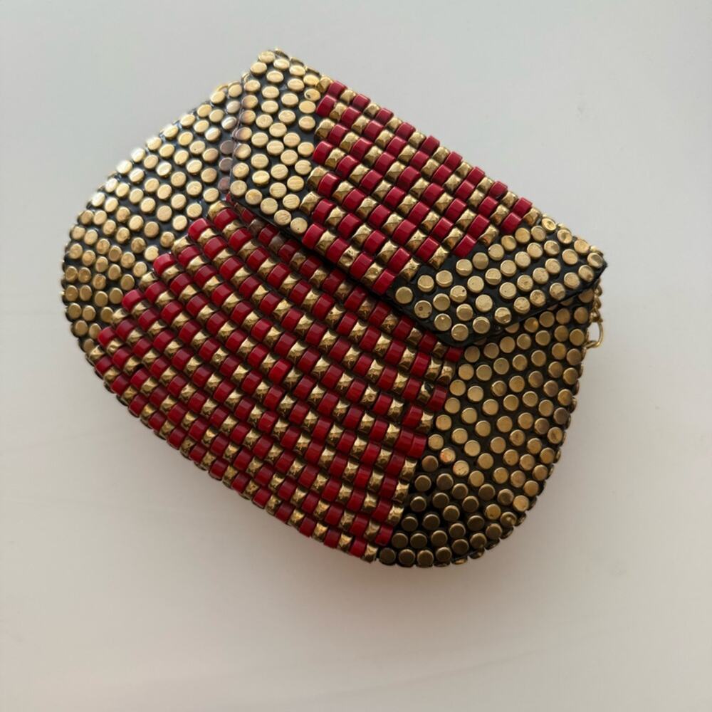 Red Gold Beaded Studded Crossbody Clutch Boho Evening Bag - Picture 2 of 6